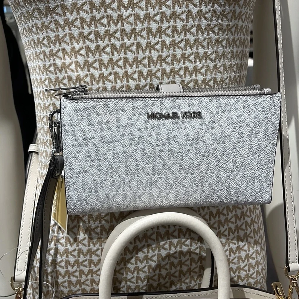 MICHAEL KORS LARGE DOUBLE ZIP WRISTLET PHONEHOLDER WALLET CLUTCH  BRIGHT WHITE